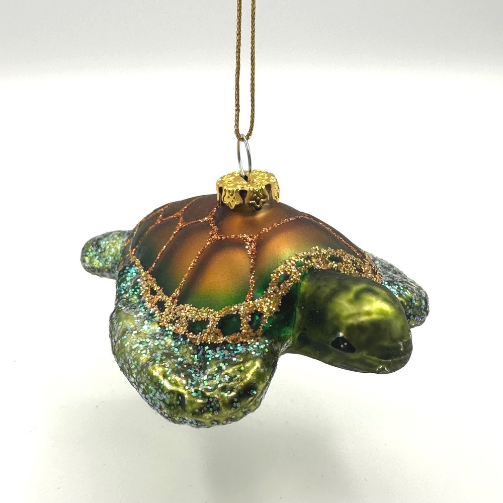 Sea Turtle Glass Ornament Green Amber Gold Glitter Coastal Christmas Holiday